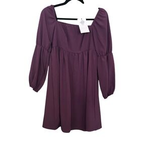 Laluna Purple Mini Dress Smocked Babydoll Long Sleeve Square Neck Size‎ S